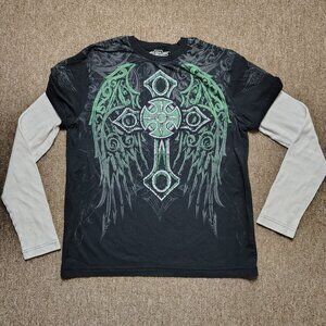 Vintage MMA ELITE T-Shirt Men XL Black Cross Graphic Thermal Long Sleeve Y2K